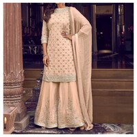 Picture of Peach Kurtis Semi-Stitched Embroidery with Stone Sharara Suit with Dupatta