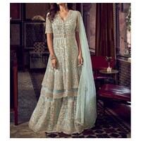 Picture of Sea Green Kurtis Semi-Stitched Embroidery with Stone Sharara with Dupatta