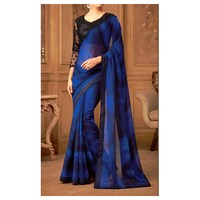 Picture of Silk Ethnic Solid Saree, Navy blue & Black