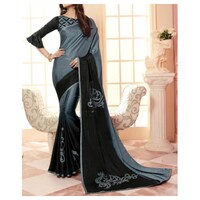 Picture of Crepe Ethnic Plain Saree, Black & Grey