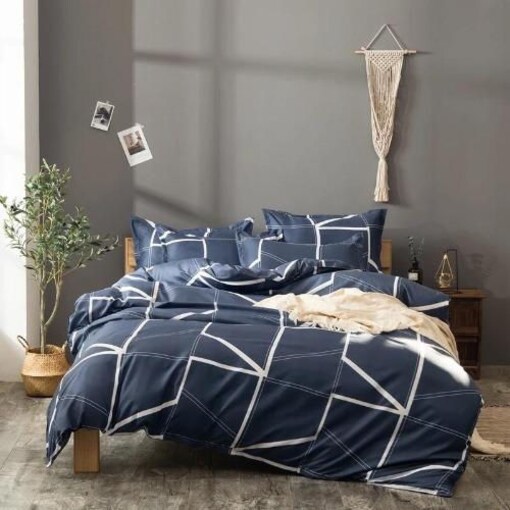 Geometric Design Bedding Set Navy Blue, Navy Blue And Grey Bed Set