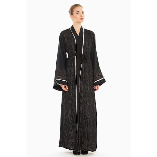 Picture of Nukhbaa Black and Cream Double Layer Self Printed Abaya, SQ296A
