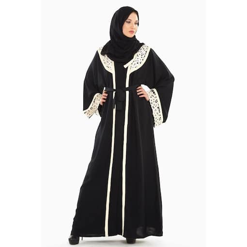 Picture of Nukhbaa Cream and Black Crochet Lace Abaya, SQ301A