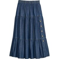 Picture of Hybella Women's Denim Button Front Tiered Skirt, Blue, Medium, Carton of 400pcs