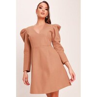 Picture of Beige Puff Sleeve Plunge Dress