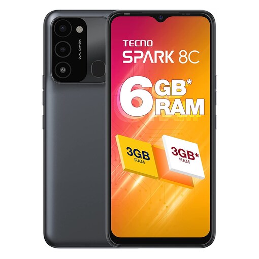 Tecno Spark 8C KG5K Dual SIM 4G Smartphone, 64GB RAM, 3GB, 6.6inch - Black Online Shopping