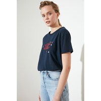 Picture of Navy Blue Embroidered Semifitted Knitted T-Shirt