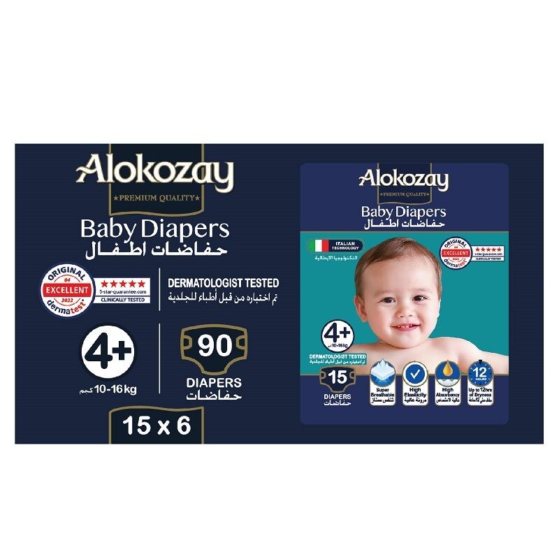 Alokozay Baby Diapers, Size 4+, 10-16 Kg, 15 Diapers, Pack Of 6