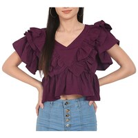 Picture of S.K Knit Fab Women Solid Casual Frill Crop Top