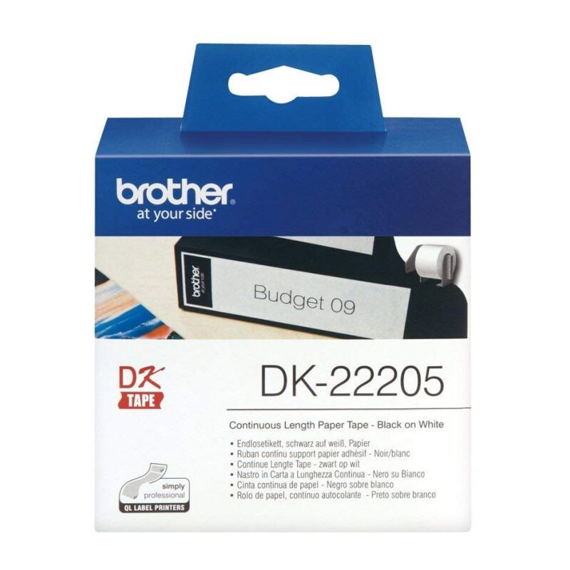 Brother Continuous Length Paper Tape, Dk-22205, 62mm, White & Black