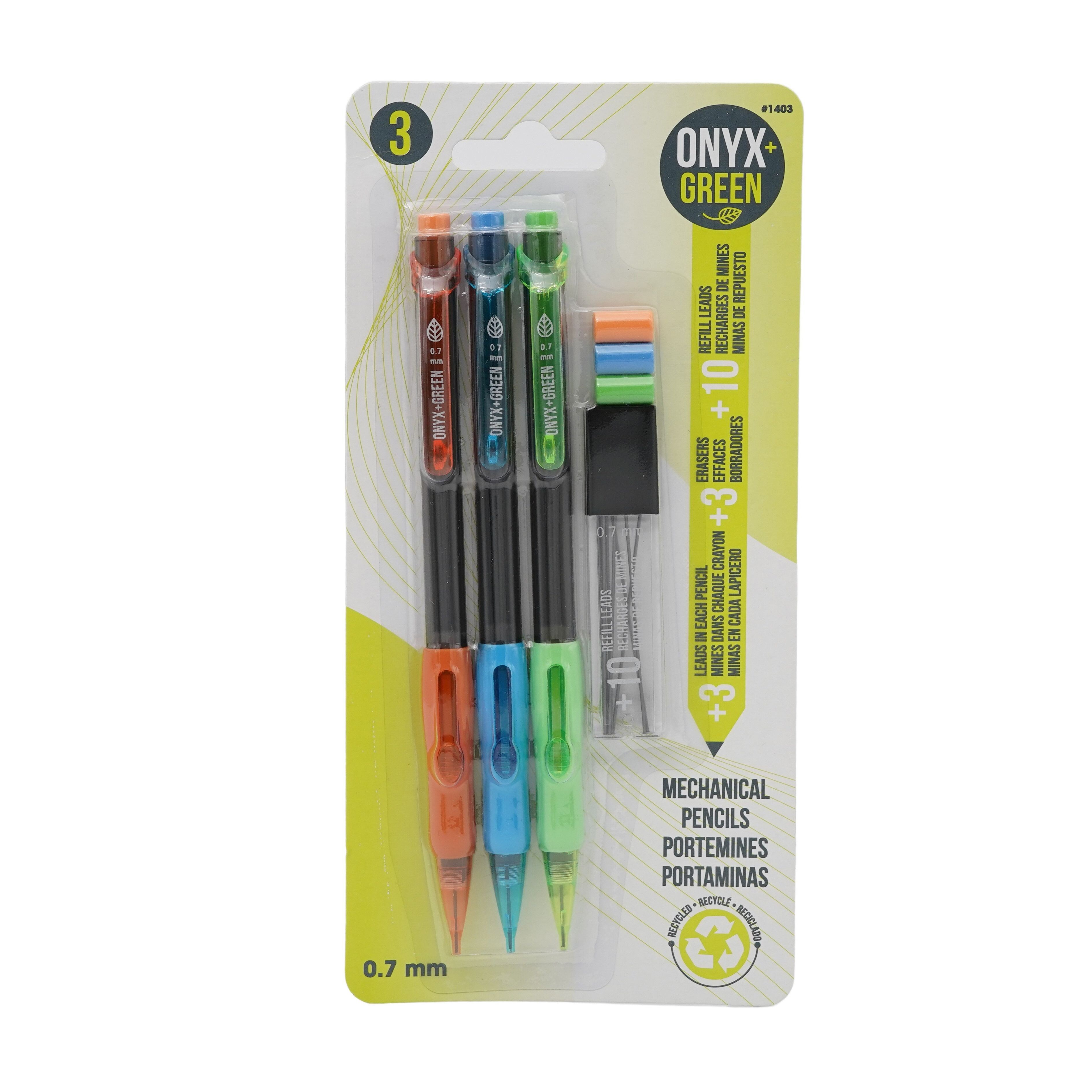Onyx & Green Mechanical Pencils, 0.7mm, Multicolor, Pack Of 3Pcs