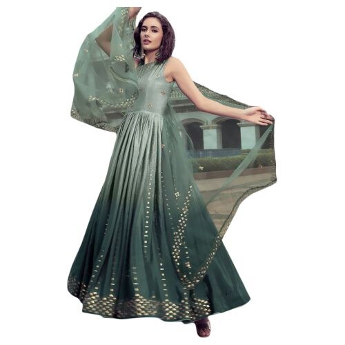Khusbhu Fashion Semi Stitched Silk Long Gown With Dupatta, AS9177, Green, Set of 2