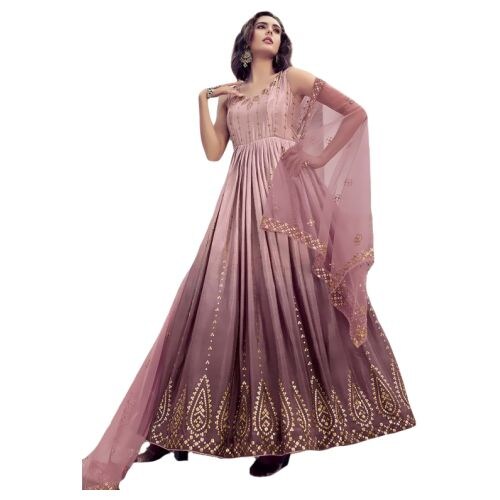 Khusbhu Fashion Semi Stitched Silk Long Gown With Dupatta, AS9176, Pink, Set of 2