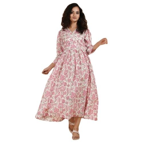Simply Kitsch Chanderi Silk Block Print Indian Dress, AS934700, White & Pink