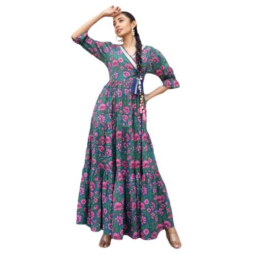 Kyeth Cotton Long Dress, AS934713, Green & Pink