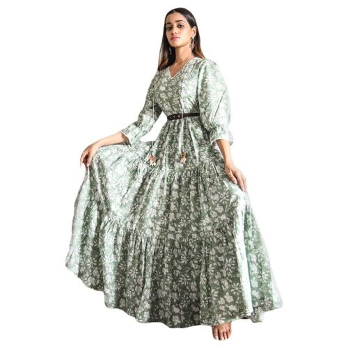 Kyeth Cotton Long Dress, AS934707, Green & White