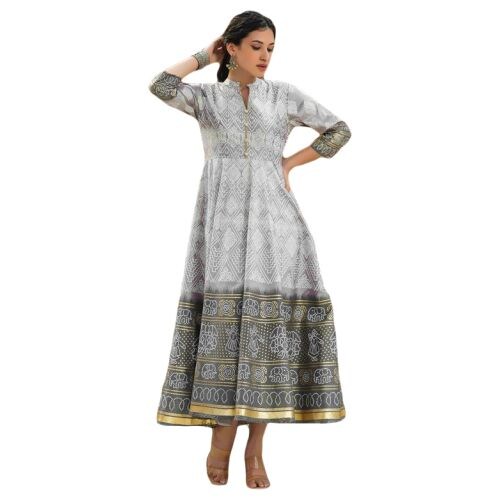 Juniper Fashion Readymade Printed Flared Blended Silk Dress, AS934737, Grey