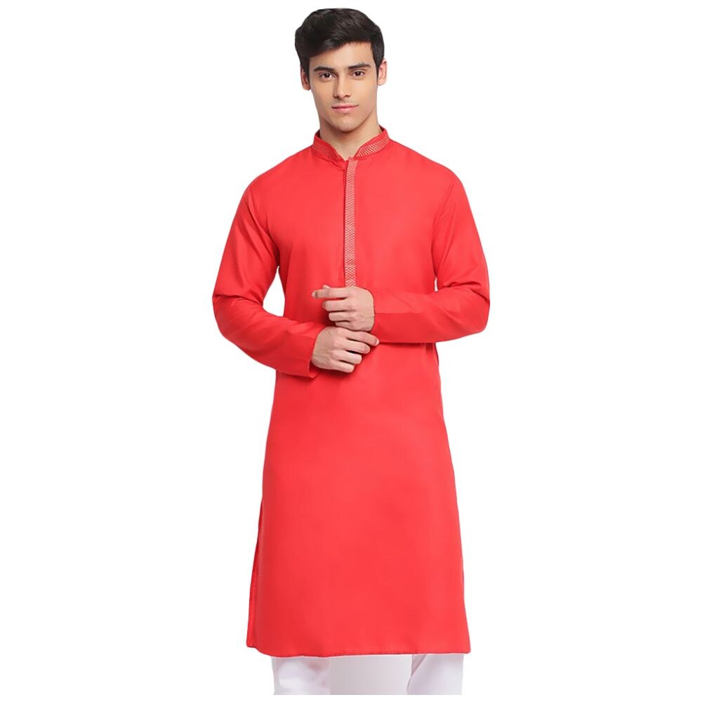 Silkiyan Men's Cotton Mandarin Collar Full Sleeves Solid Kurta, ALSK1059, XL, Red