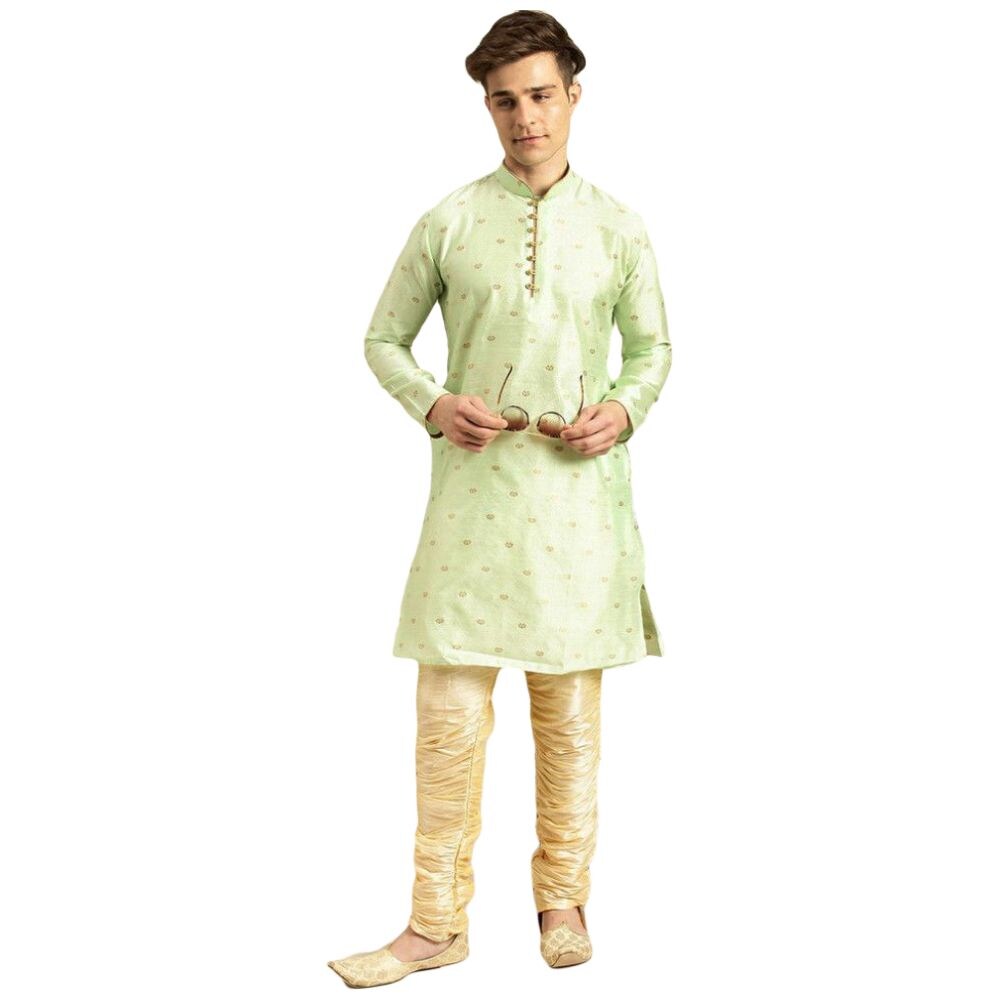 Sanwara Fashion Men's Cotton Mandarin Collar Full Sleeves Printed Kurta, ALSK1067, 2XL, Light Green