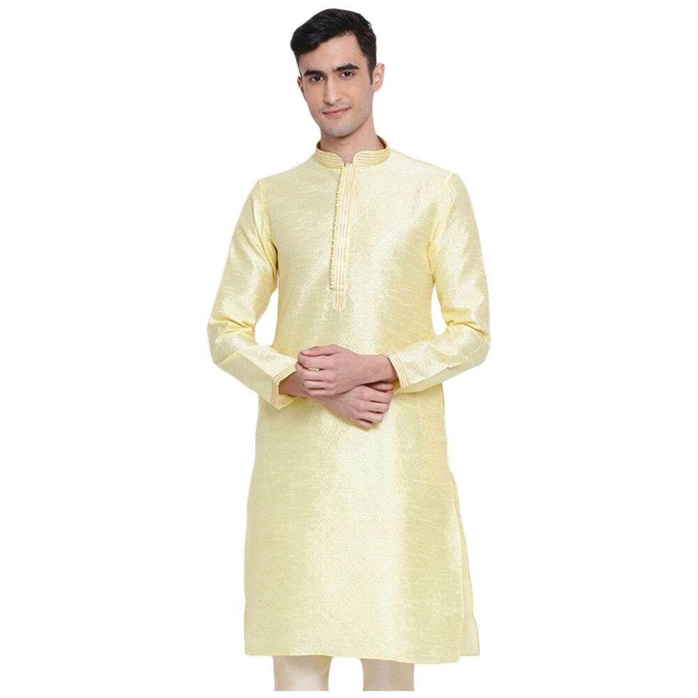 Sanwara Fashion Men's Blended Silk Mandarin Collar Full Sleeves Solid Kurta, ALSK1165, S, Yellow