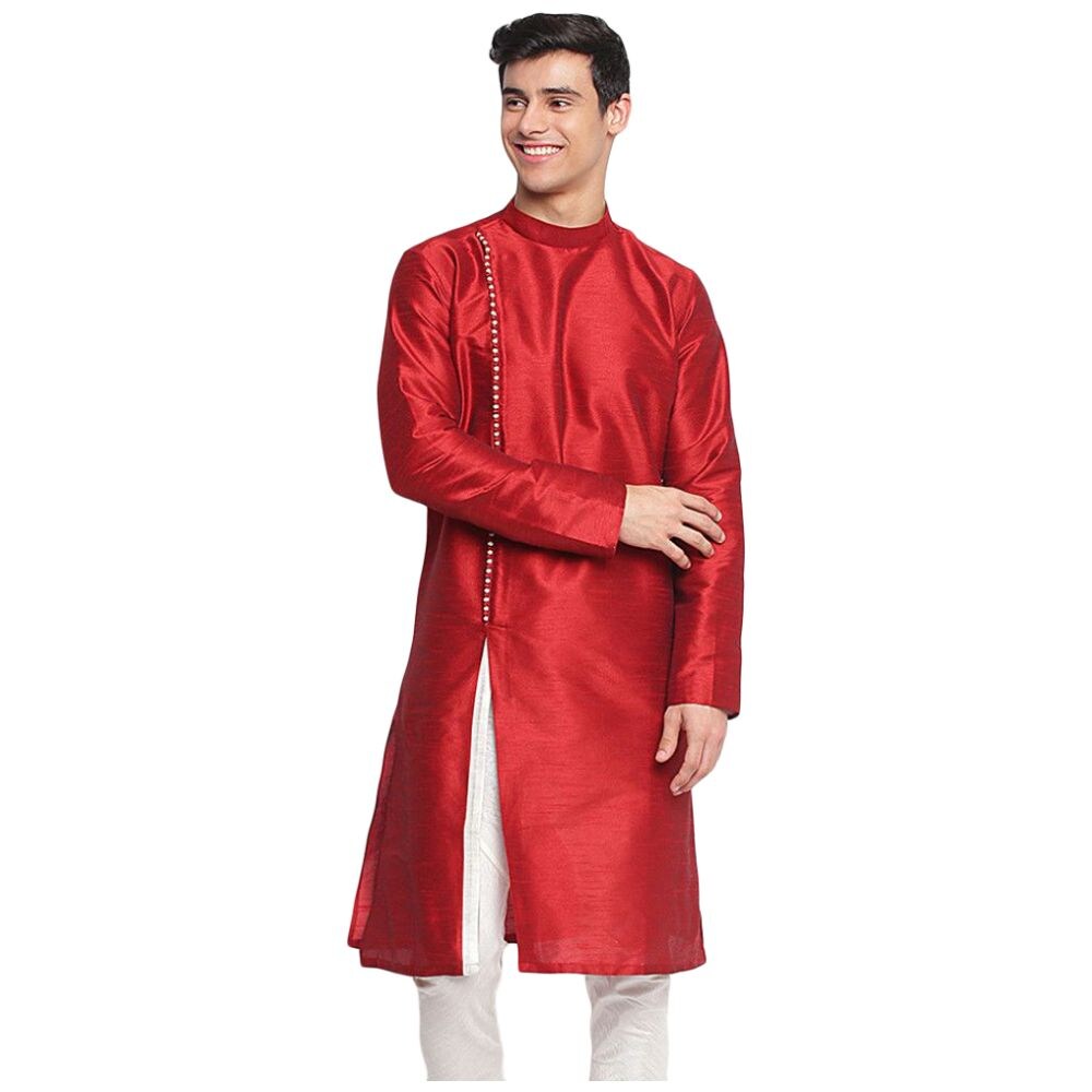 Sanwara Fashion Men's Blended Silk Mandarin Collar Full Sleeves Solid Kurta, ALSK1277, Red