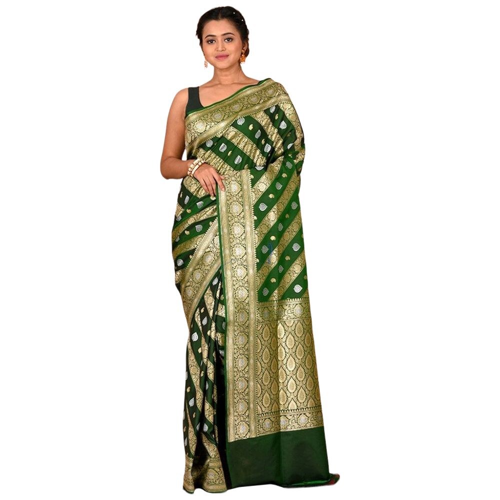 Indian Silk House Agencies Uppada Silk Saree With Blouse Piece, ISKA101119, Deep Green & Golden