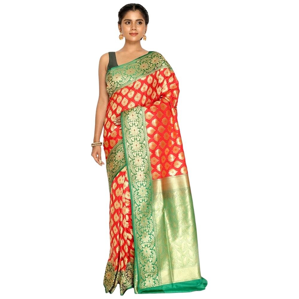 Indian Silk House Agencies Uppada Silk Saree With Blouse Piece, ISKA101081, Red & Green