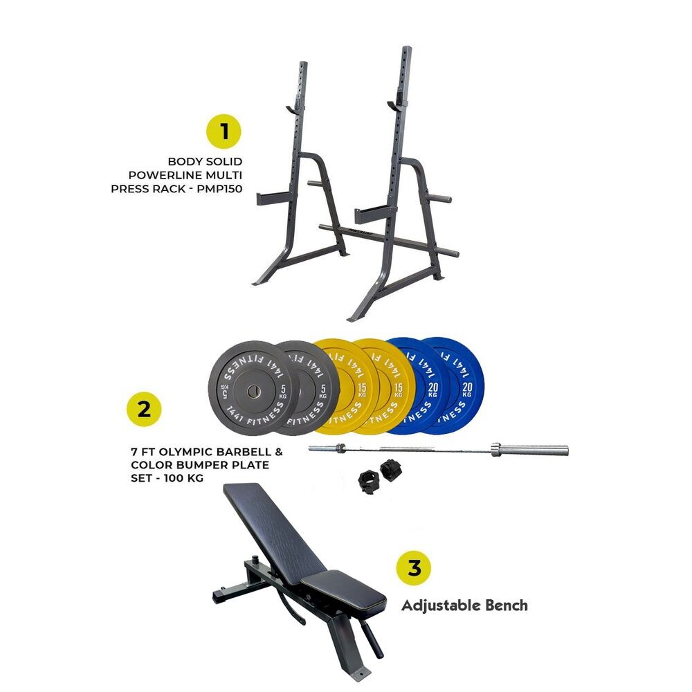 1441 Fitness Squat Rack and Bumper Plates Set with Adjustable Bench, 100kg