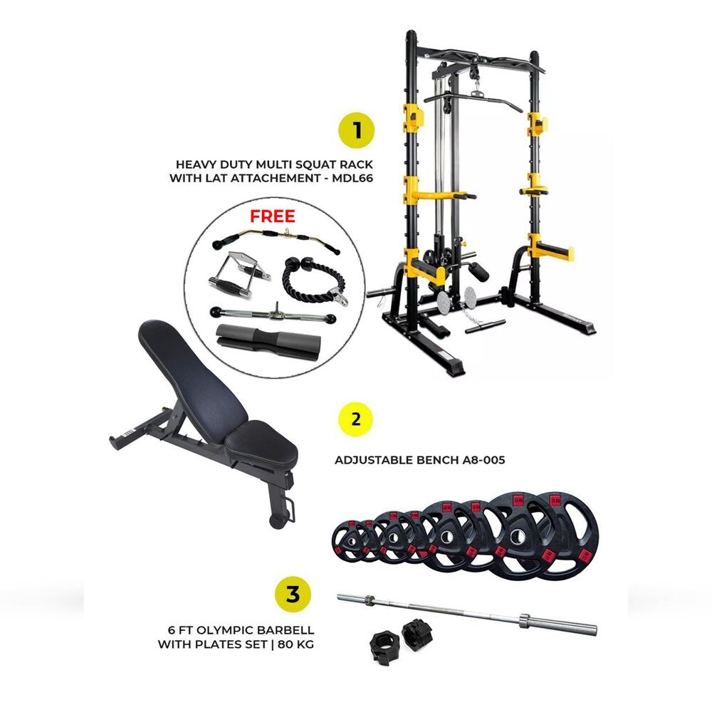 1441 Fitness Squat Rack, Bar and Plates Set with Adjustable Bench, 7ft, 80kg