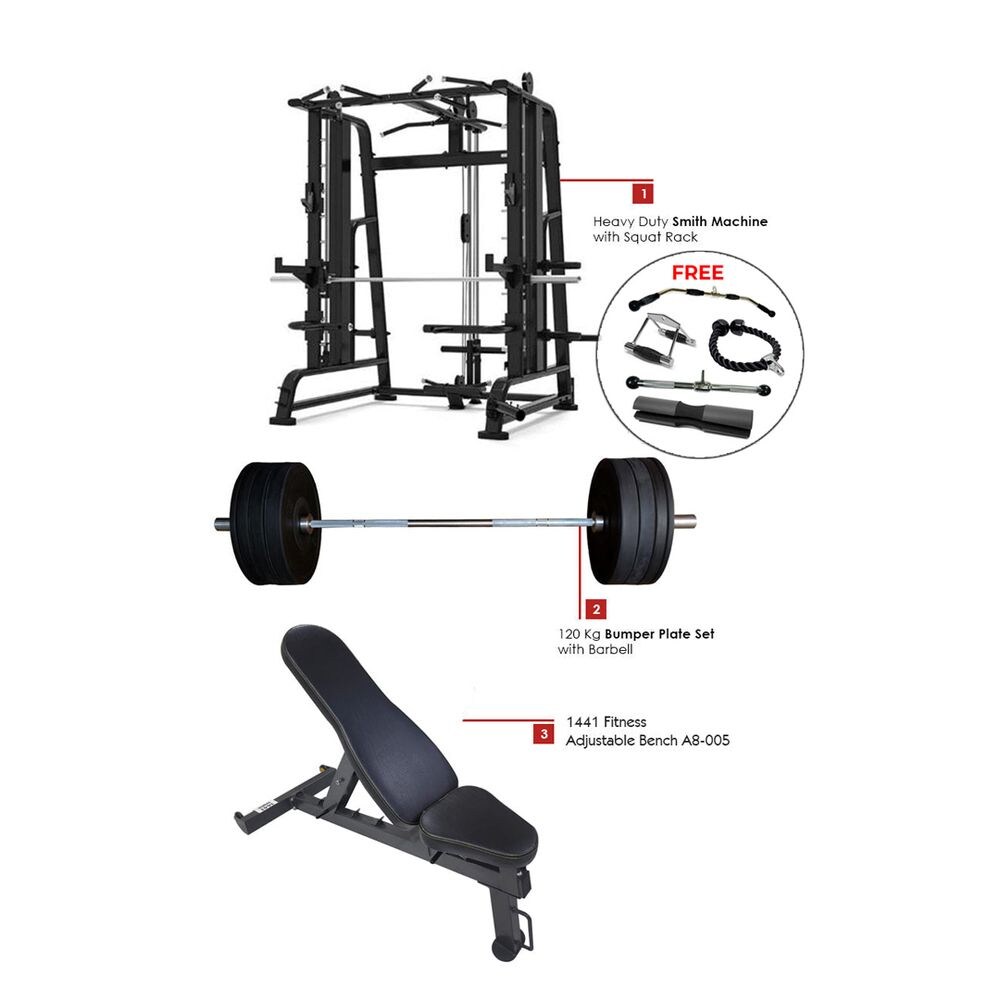 1441 Fitness Heavy Duty Smith Machine with Squat Rack, Plate Set & Bench