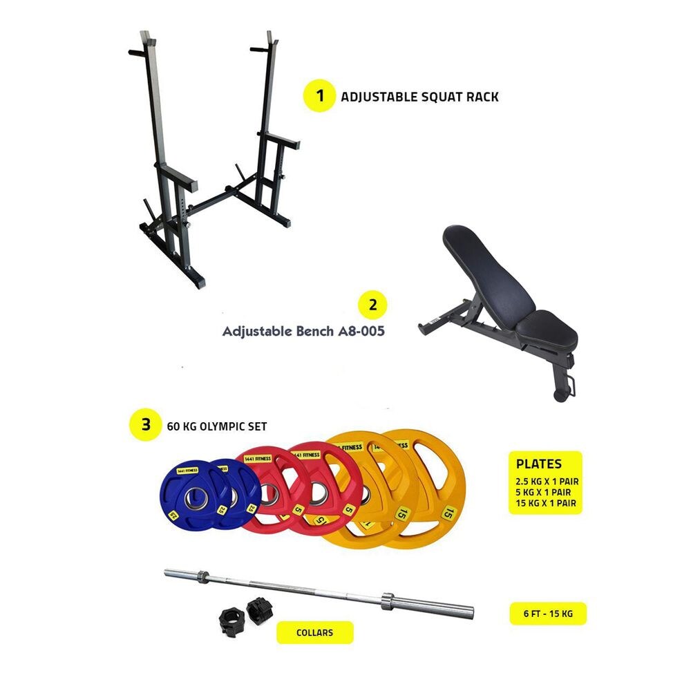 1441 Fitness Adjustable Squat Rack with Olympic Set and Bench