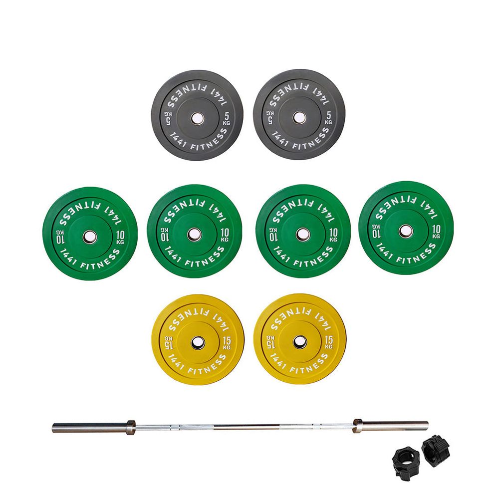 1441 Fitness Olympic Barbell and Color Bumper Plate Set, 7ft, 100kg