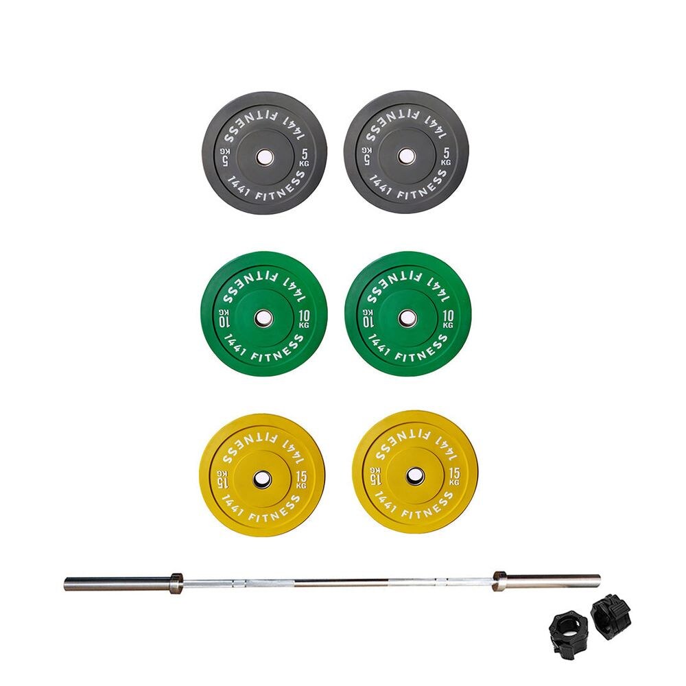 1441 Fitness Olympic Barbell and Color Bumper Plate Set, 7ft, 80kg