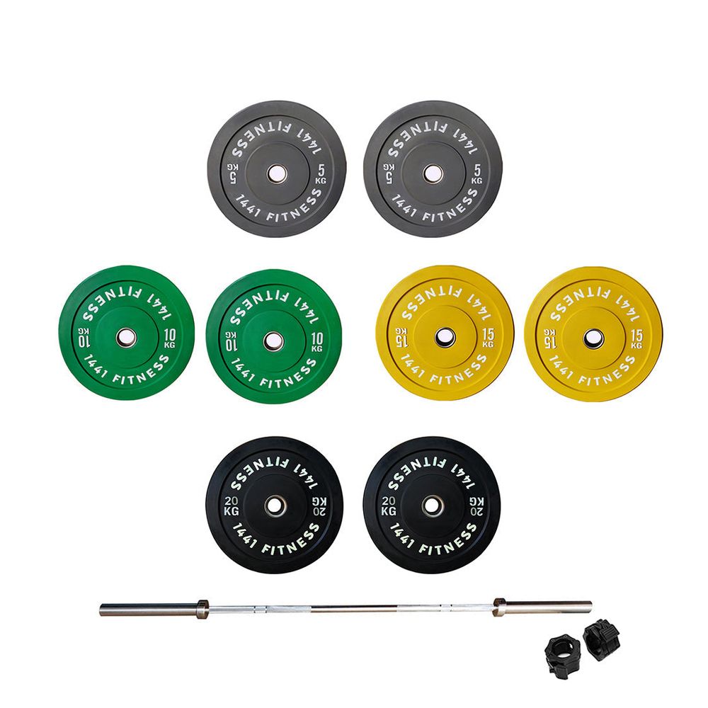 1441 Fitness Olympic Barbell and Color Bumper Plate Set, 7ft, 120kg