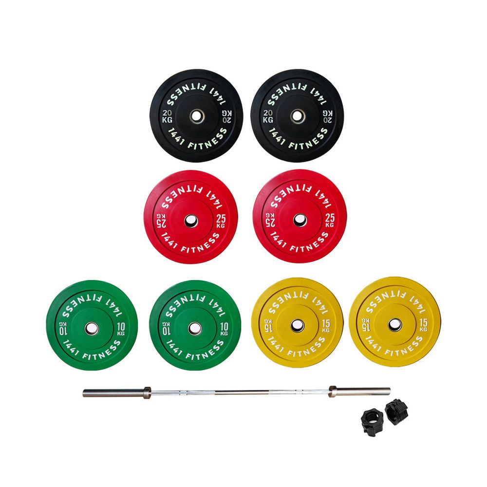 1441 Fitness Olympic Barbell and Color Bumper Plate Set, 7ft, 160kg