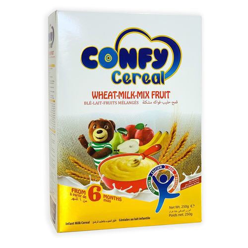 Confy Cereals Wheat Milk Mix Fruit, 250 g, Carton of 12 Packs