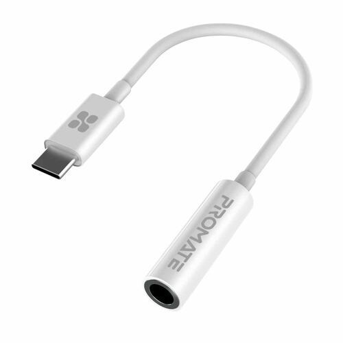 Promate USB-C to 3.5 mm Headphone Jack Adapter for Samsung/OnePlus/Xiaomi, White