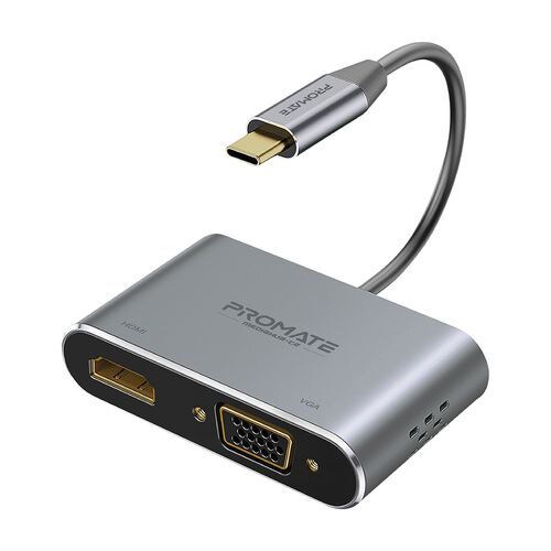 Promate USB-C to VGA and HDMI Adapter, 4K and Dual Screen Display, Grey