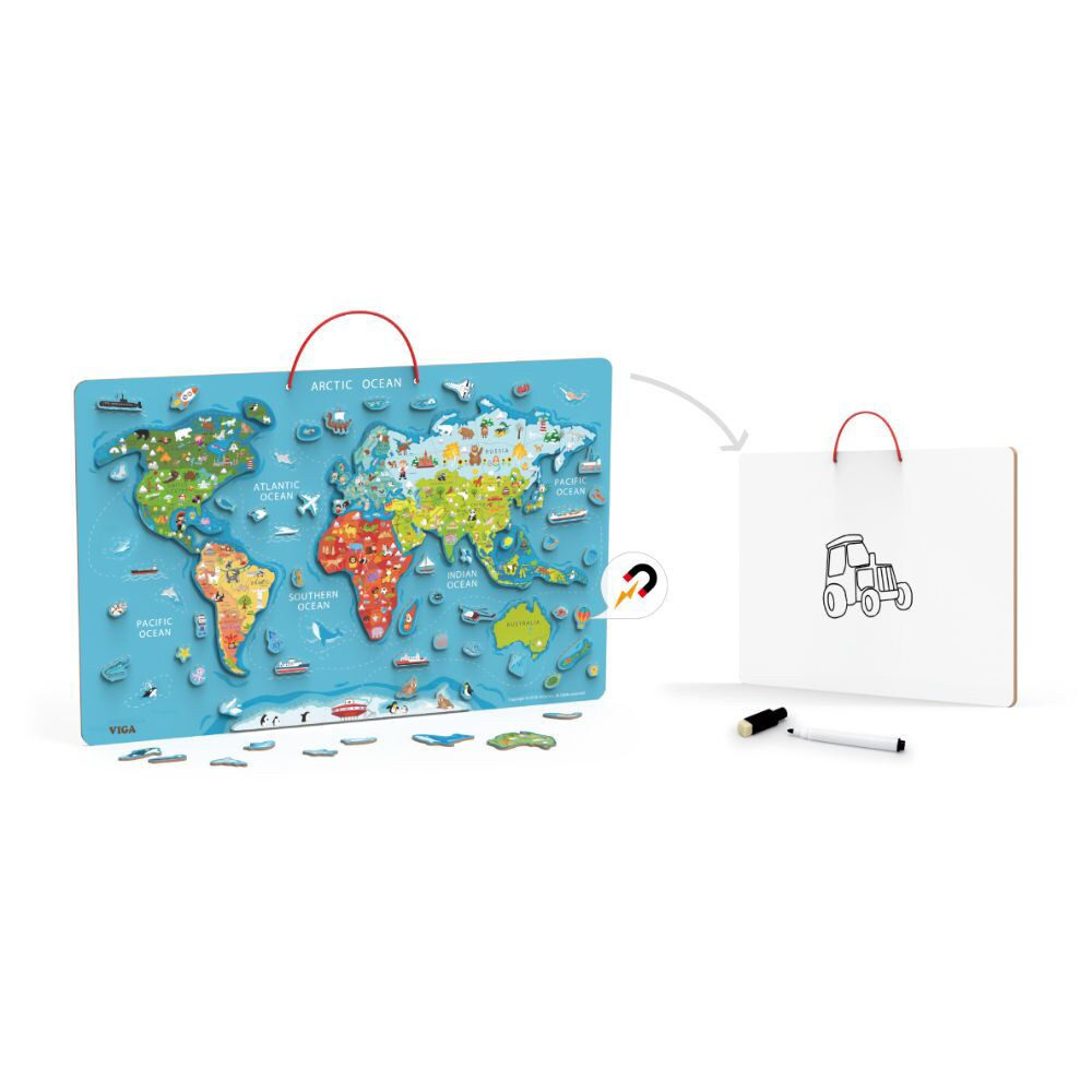 Magnetic Puzzle Viga Toys World Map With A Marker Board, In English