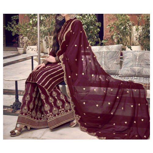 Semi-Stitched Embroidered Sharara with Dupatta, Brown