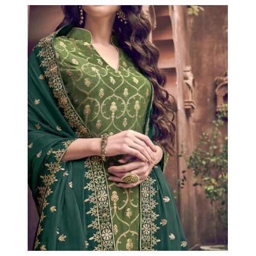 Semi-Stitched Embroidered Sharara with Dupatta, Light Green & Dark-Green