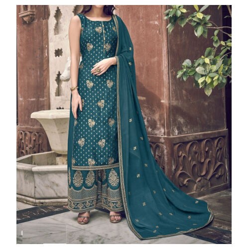 Turquoise Semi-Stitched Embroidered Sharara with Dupatta