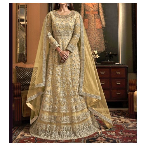 Semi-Stitched Embroidered Anarkali with Dupatta, Gold