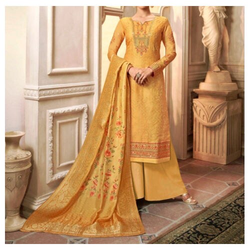 Yellow Semi-Stitched Embroidered Palazzo with Printed Dupatta