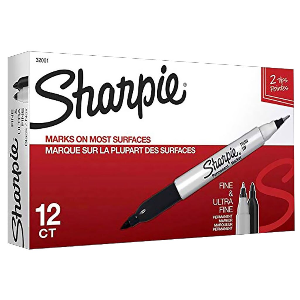 Sharpie Fine & Ultra Fine Twin Tip Permanent Markers, Pack of 12, Black