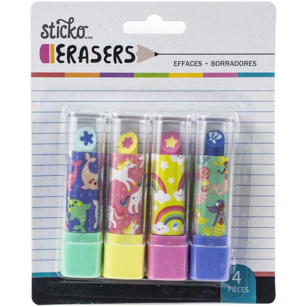 Sticko Retractable Lipstick Fantasy Erasers, Set of 4 Pcs