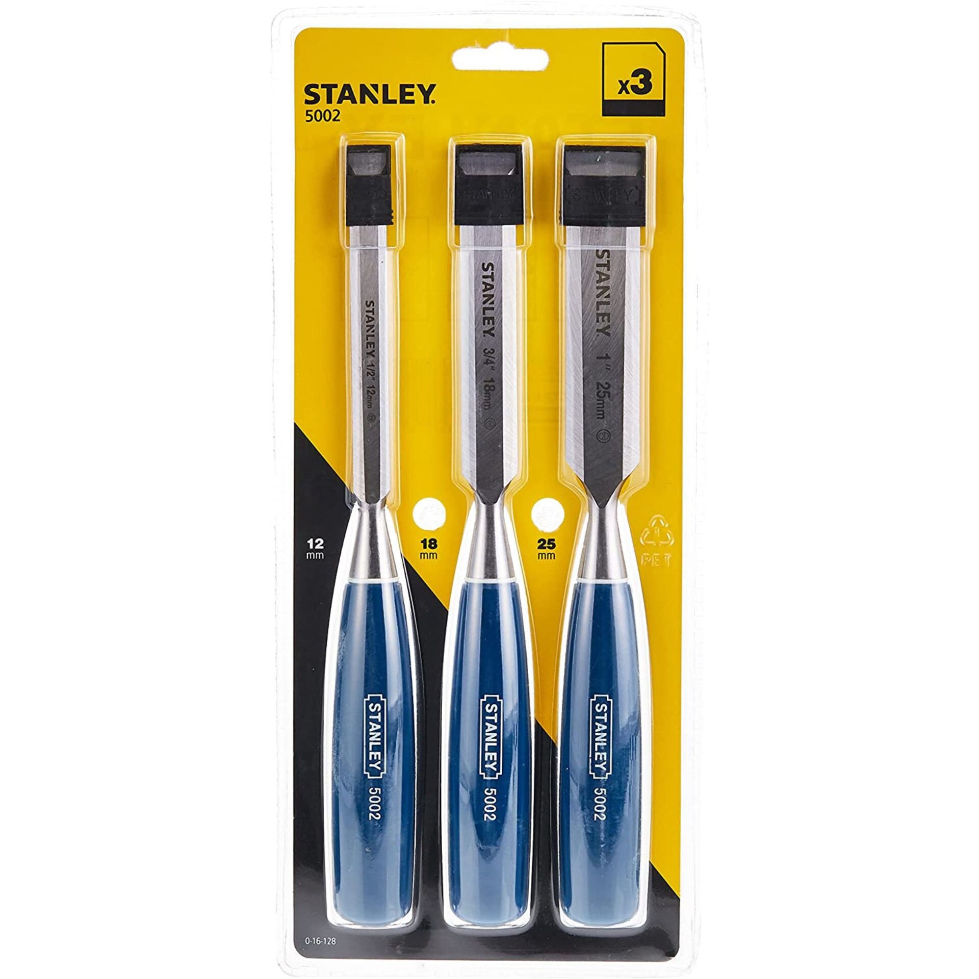 Stanley 5002 Bevel Edge Chisels with Blue Handle Set, Pack of 3pcs