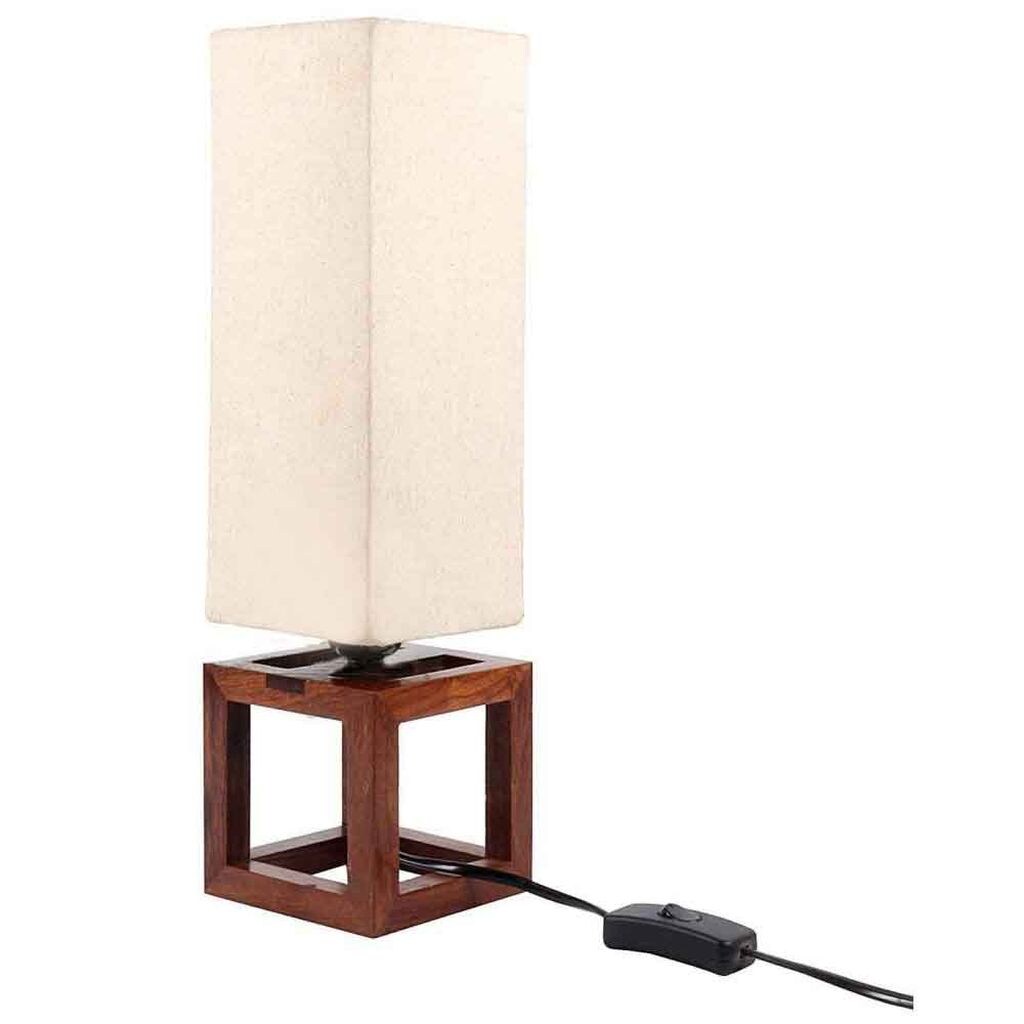 Creation India Craft Sheesham Wooden Cube Shaped Table Lamp, Brown