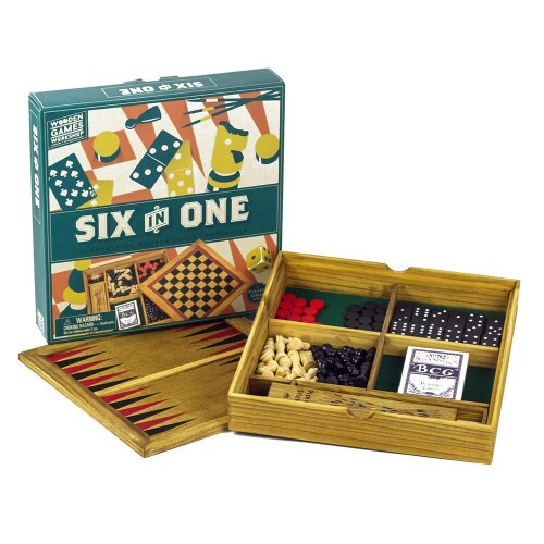 Professor Puzzle Wooden Compendium Portable Six In One Combination Game Set