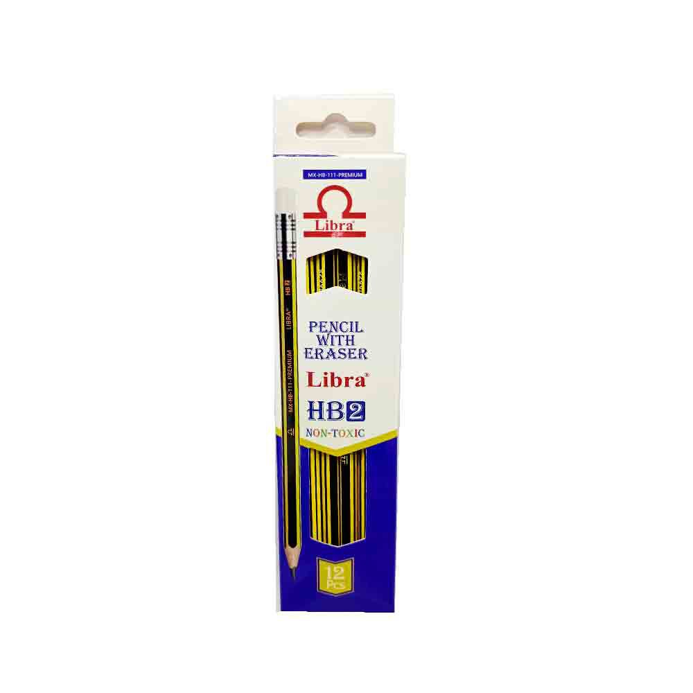 Libra Pencil with Eraser, HB2, 2mm, Yellow & Black - Pack of 12 Pcs